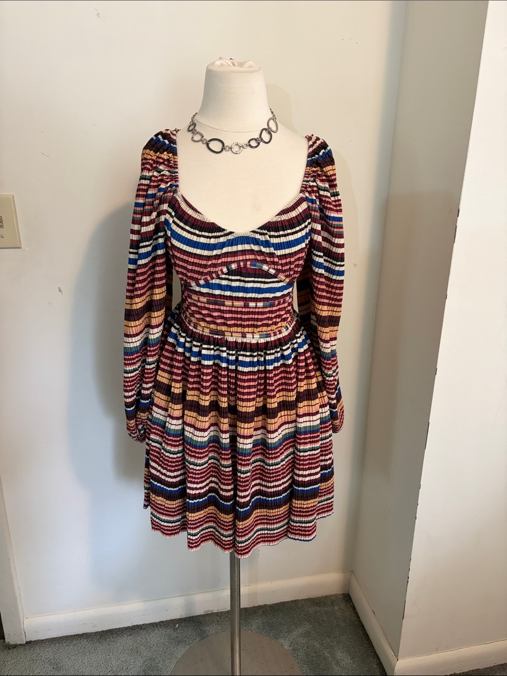 Zara Multicolor Striped Long-Sleeve Smocked Mini Dress size small